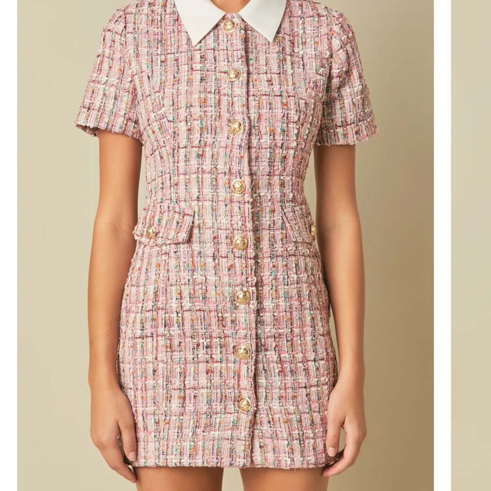 Endless Rose Pink Multi Tweed Collared Short Sleeve Dress - Picture 2 of 9